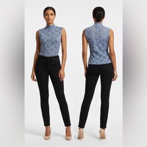 Karen Kane Lace Mock Neck Sleeveless Floral Top Slate Blue Women’s Size L